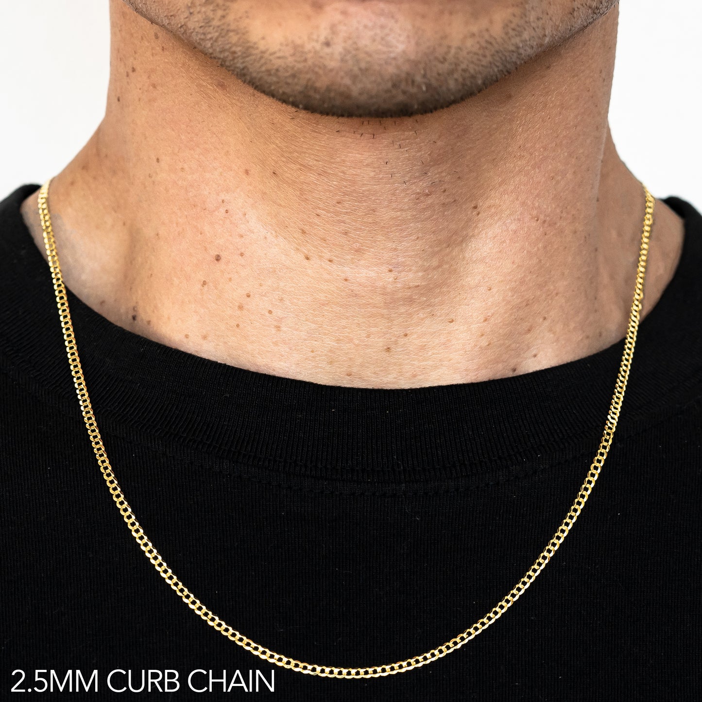 The 2.5mm Yellow Gold Curb Chain is designed for both men and women who appreciate refined simplicity