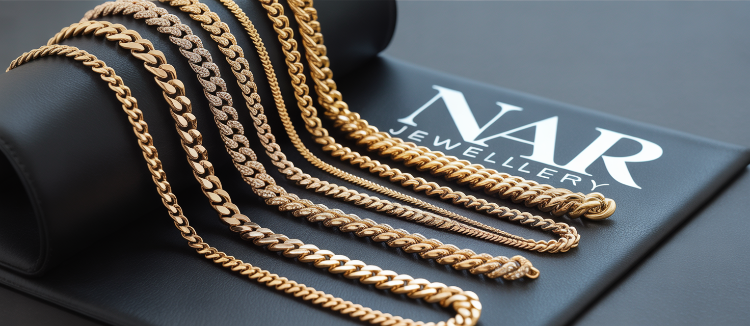 Collection of real gold chains in various styles including curb, rope, mariner, Franco, Cuban, Box and Singapore Chains