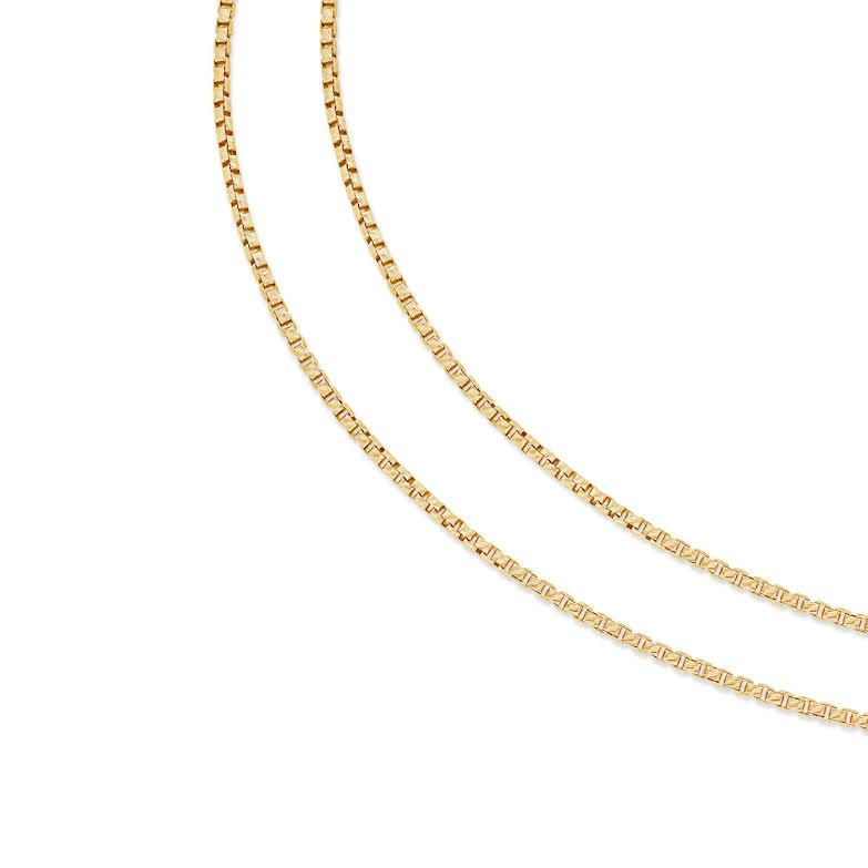 Yellow gold box chain necklace with a polished finish, featuring square interlocking links for a sleek and modern look