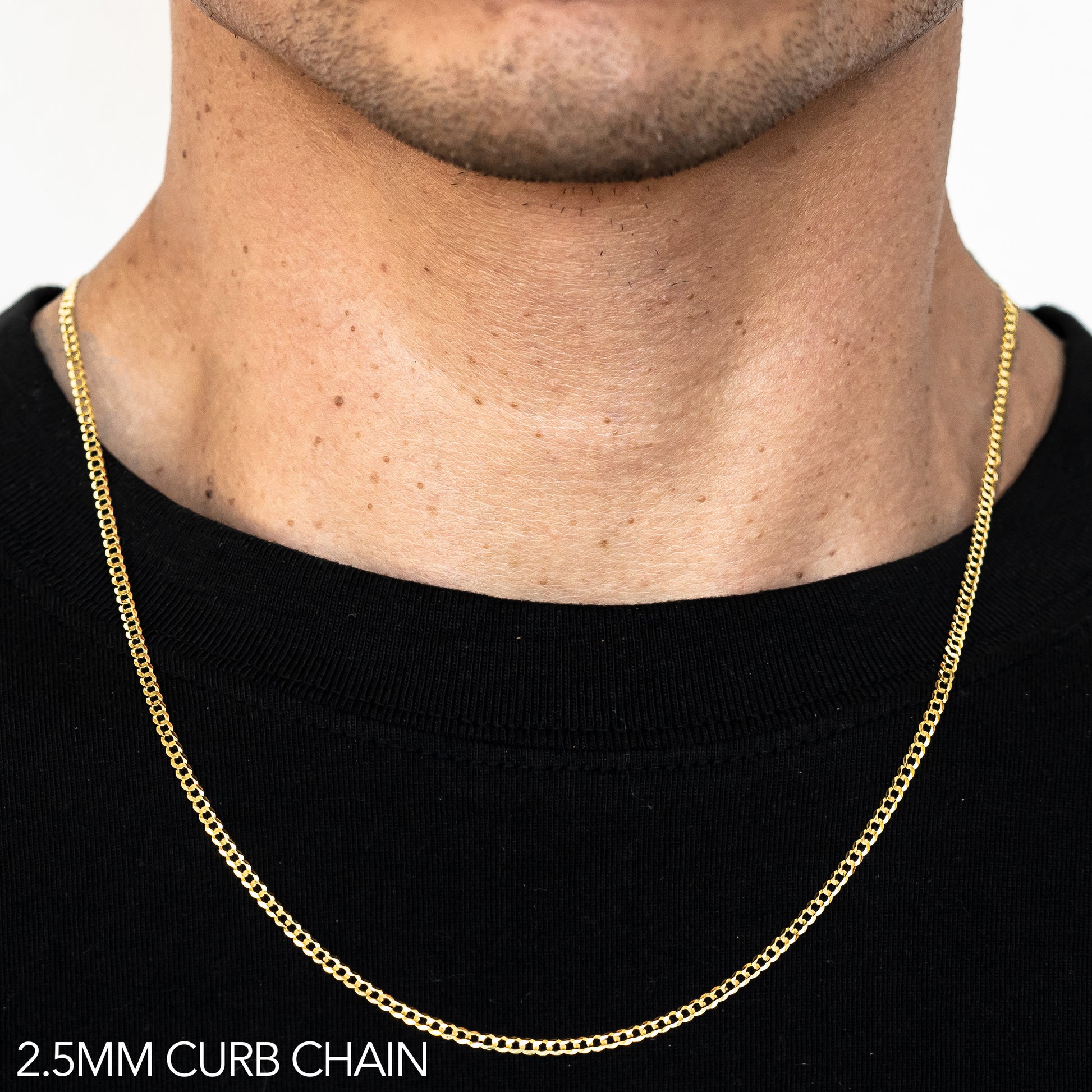 The 2.5mm Yellow Gold Curb Chain is designed for both men and women who appreciate refined simplicity