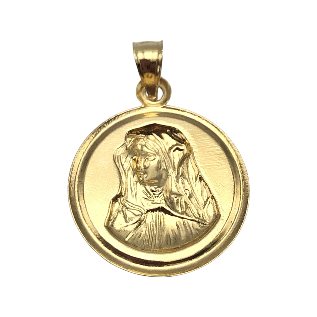 10K Yellow Gold 3D Round Virgin Mary Medal Charm