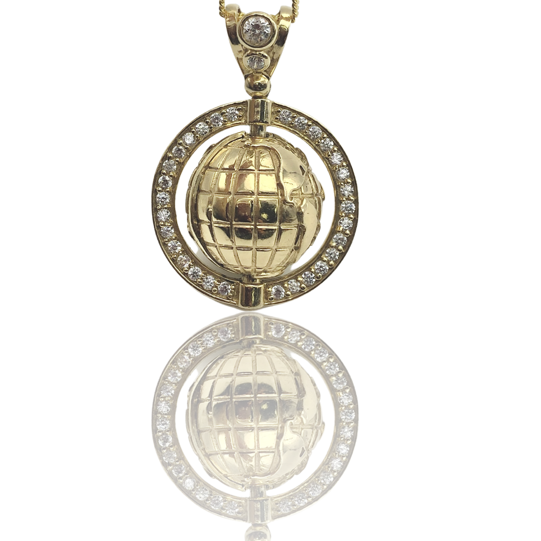 Solid Yellow Gold Cz Spinning Globe Pendant