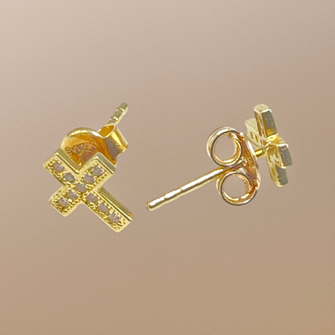 10K Yellow Gold CZ Cross Earrings