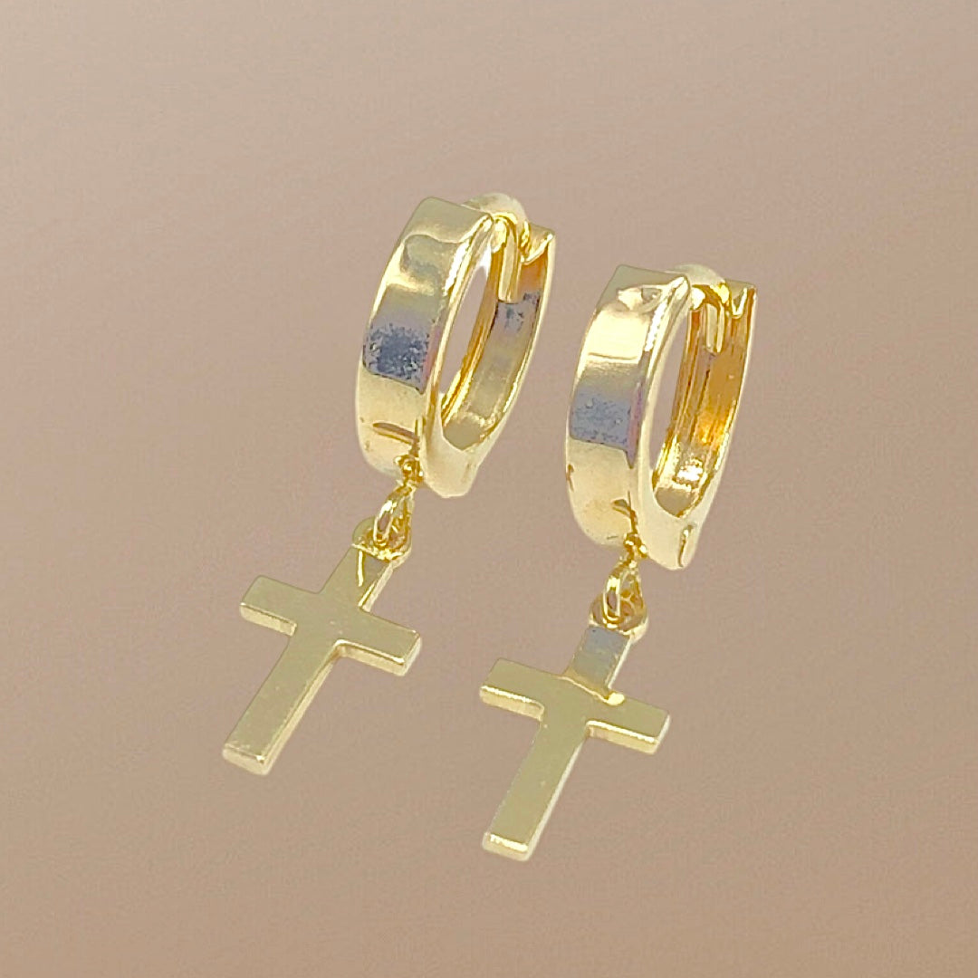 10K Yellow Gold dangle Cross Hoop Earrings