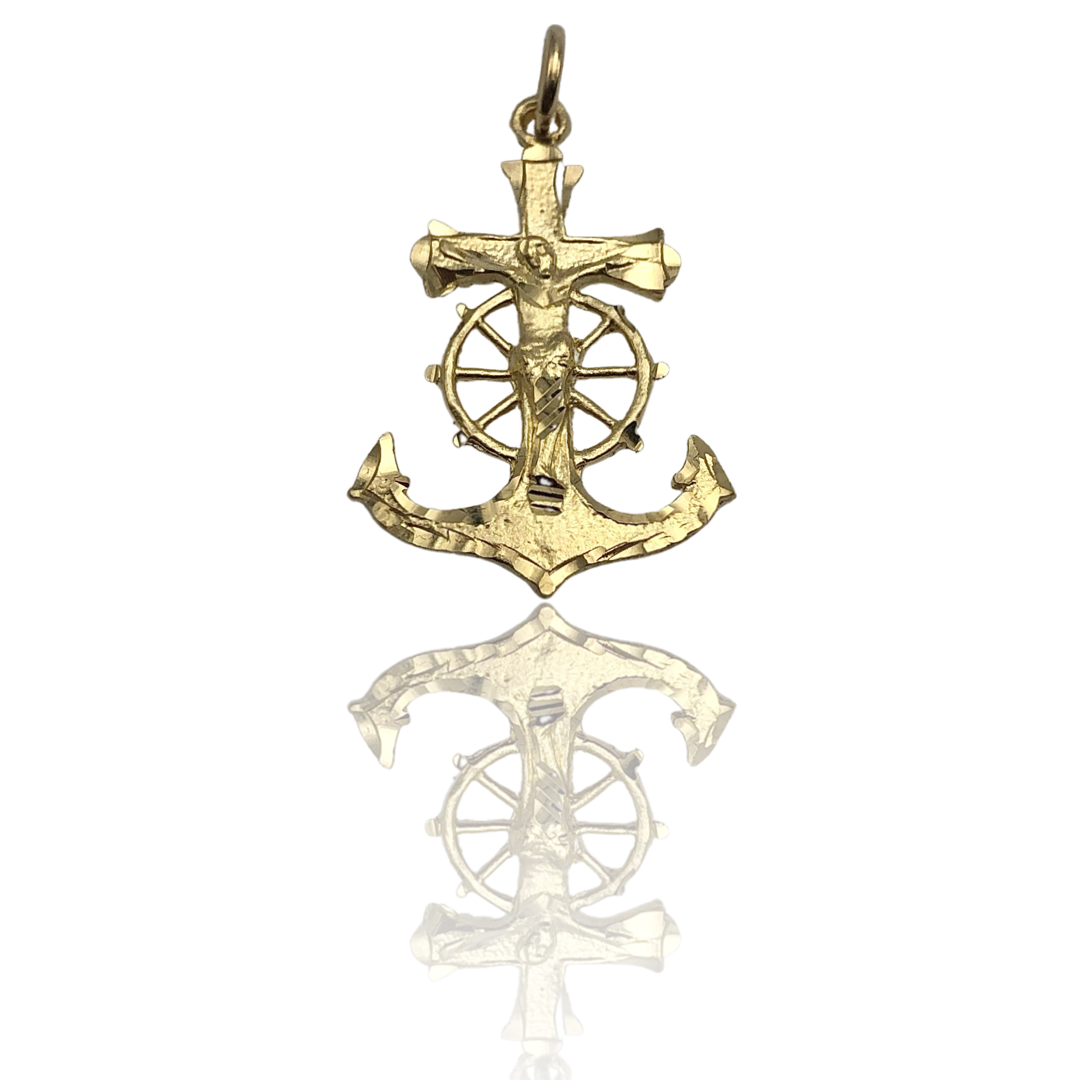 10k yellow gold anchor pendant with Jesus on the wheel sail