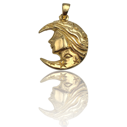 10K Solid Yellow Gold 3D Half Moon Face Pendant