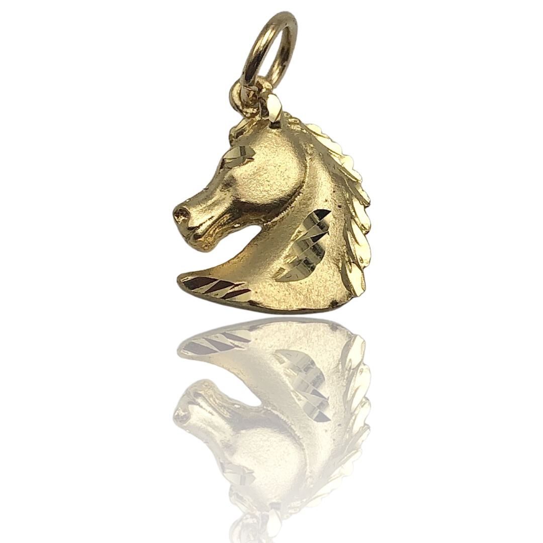 10K Solid Yellow Gold Diamond-Cut Horse Charm Pendant 