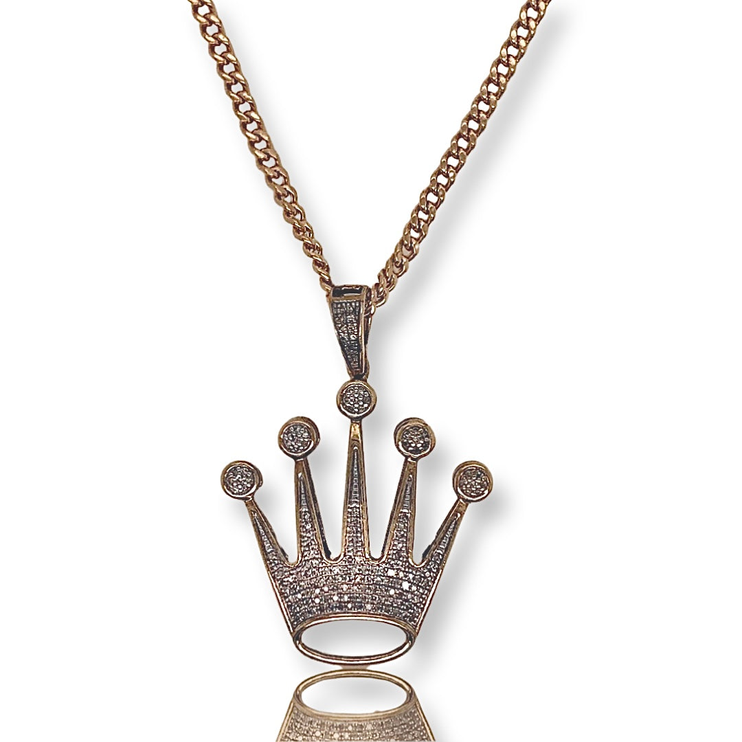 Diamond Crown Pendant With Solid Cuban Chain