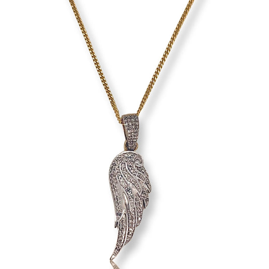 10K Yellow Gold Diamond Angel Wing Pendant With Solid Micro Cuban Chain