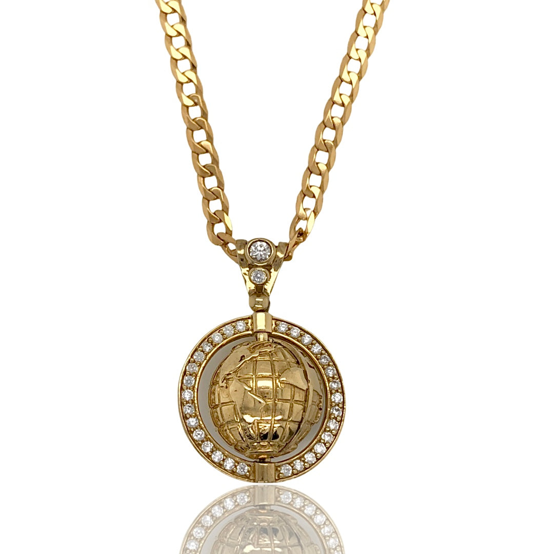 Cz Spinning Globe Pendant With Solid Curb Chain