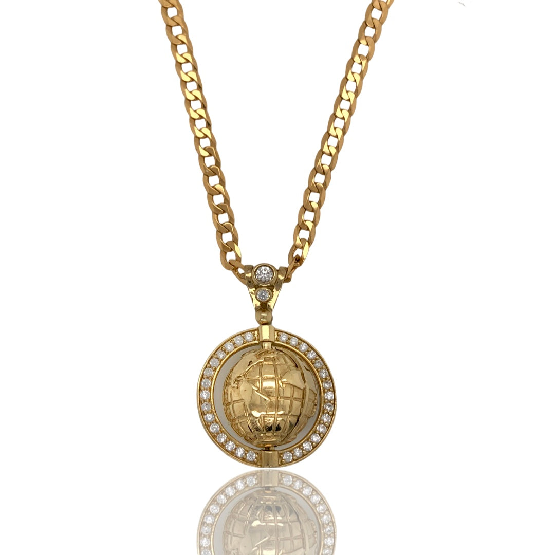 Cz Spinning Globe Pendant With Solid Curb Chain