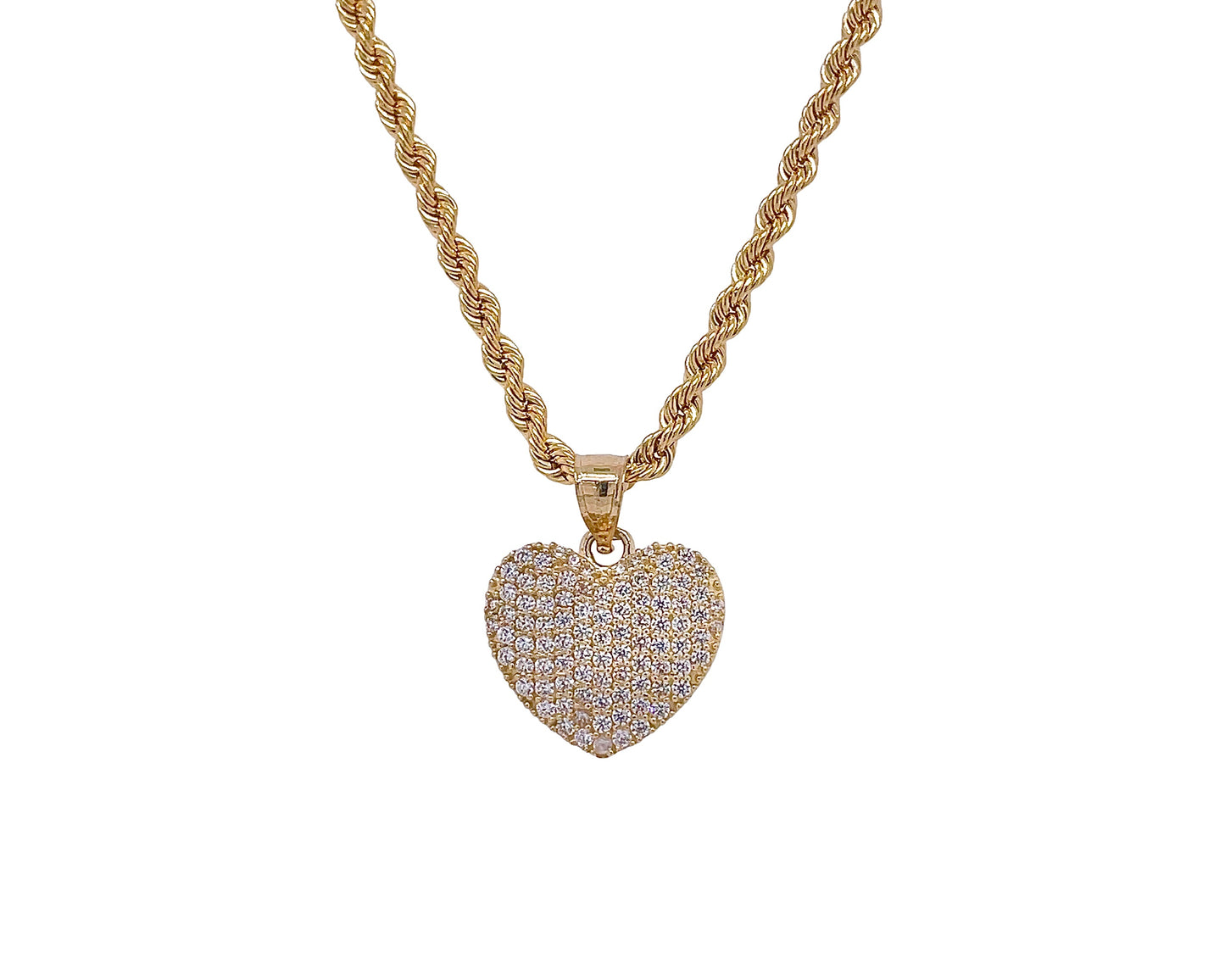 10k yellow gold cz heart charm with rope chain 