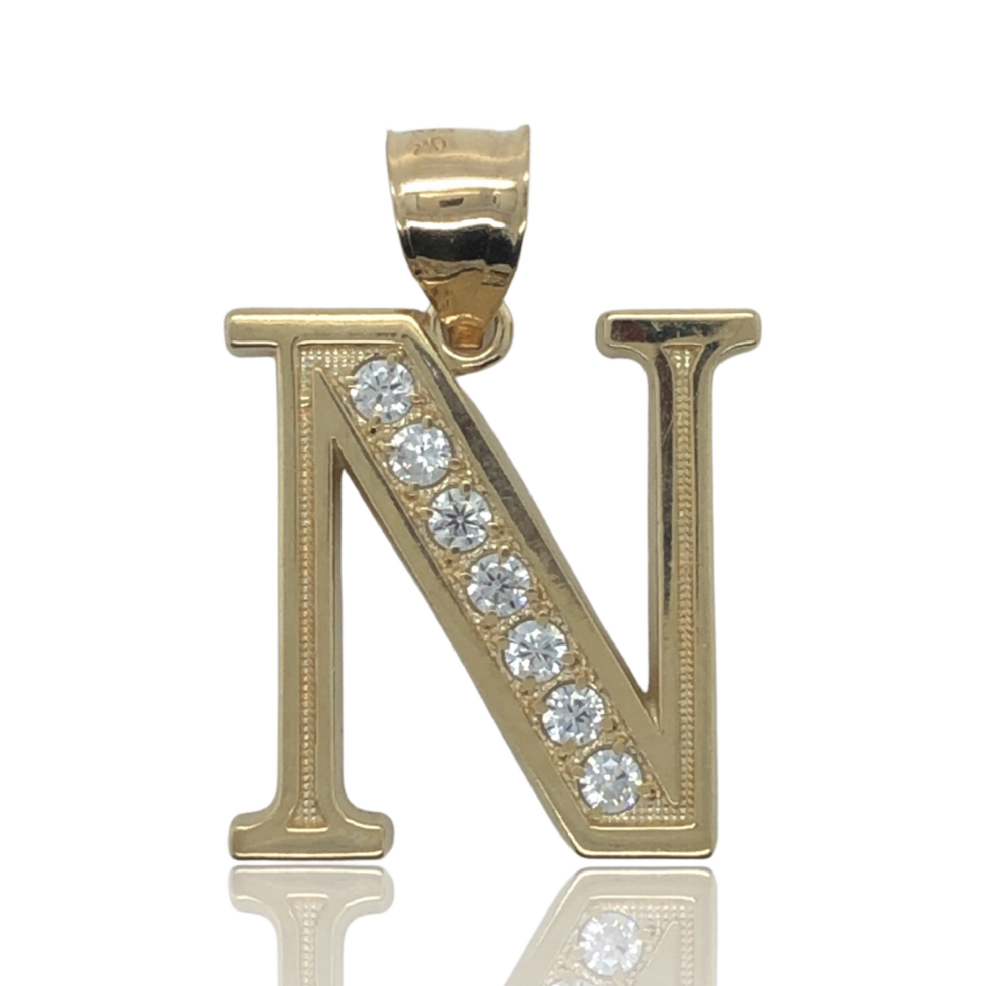  10K Yellow Gold Bold Style Cubic Zirconia Initial Letter "N"