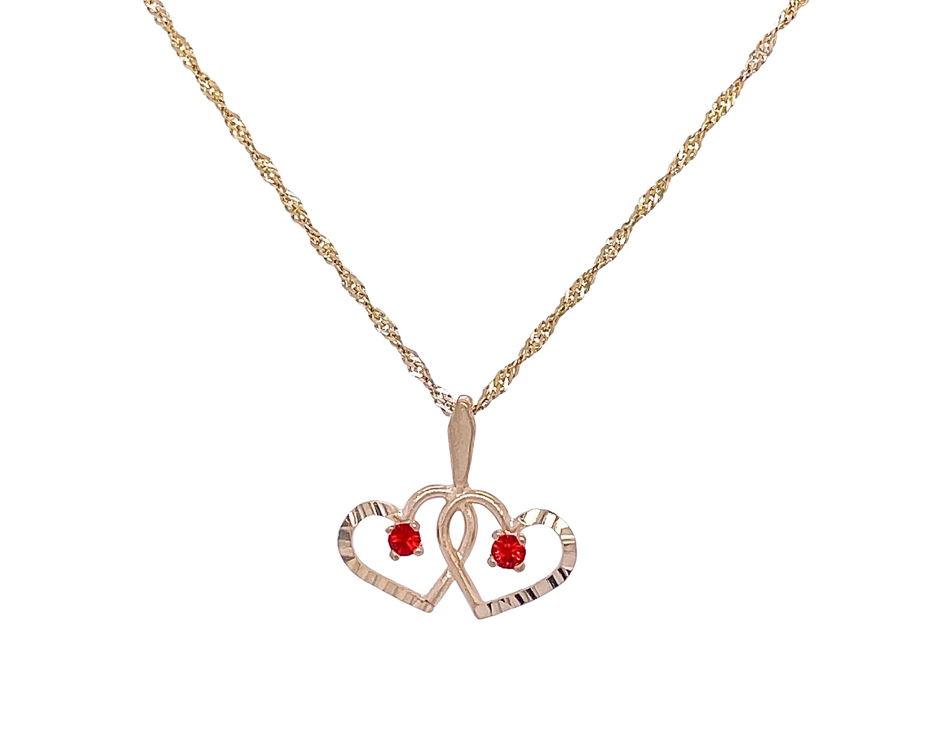 10k yellow gold double heart necklace with garnet stone 