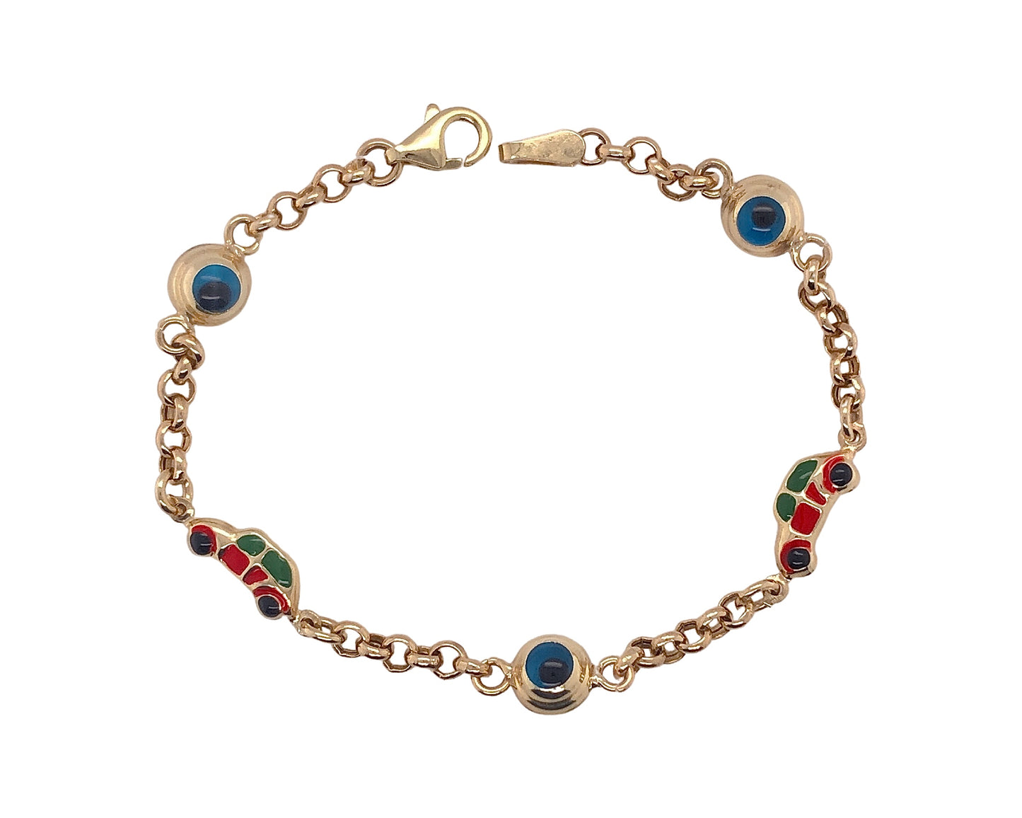10K Yellow Gold Baby Bracelet With Cars & Evil Eye Charms
