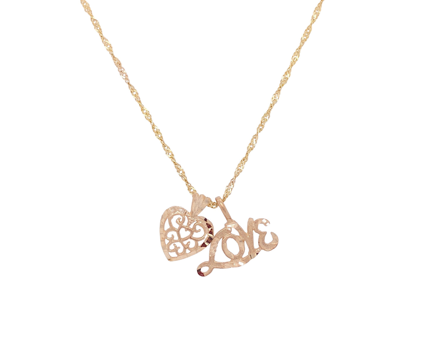 "love" charm and the heart charm on a 10k yellow gold chain