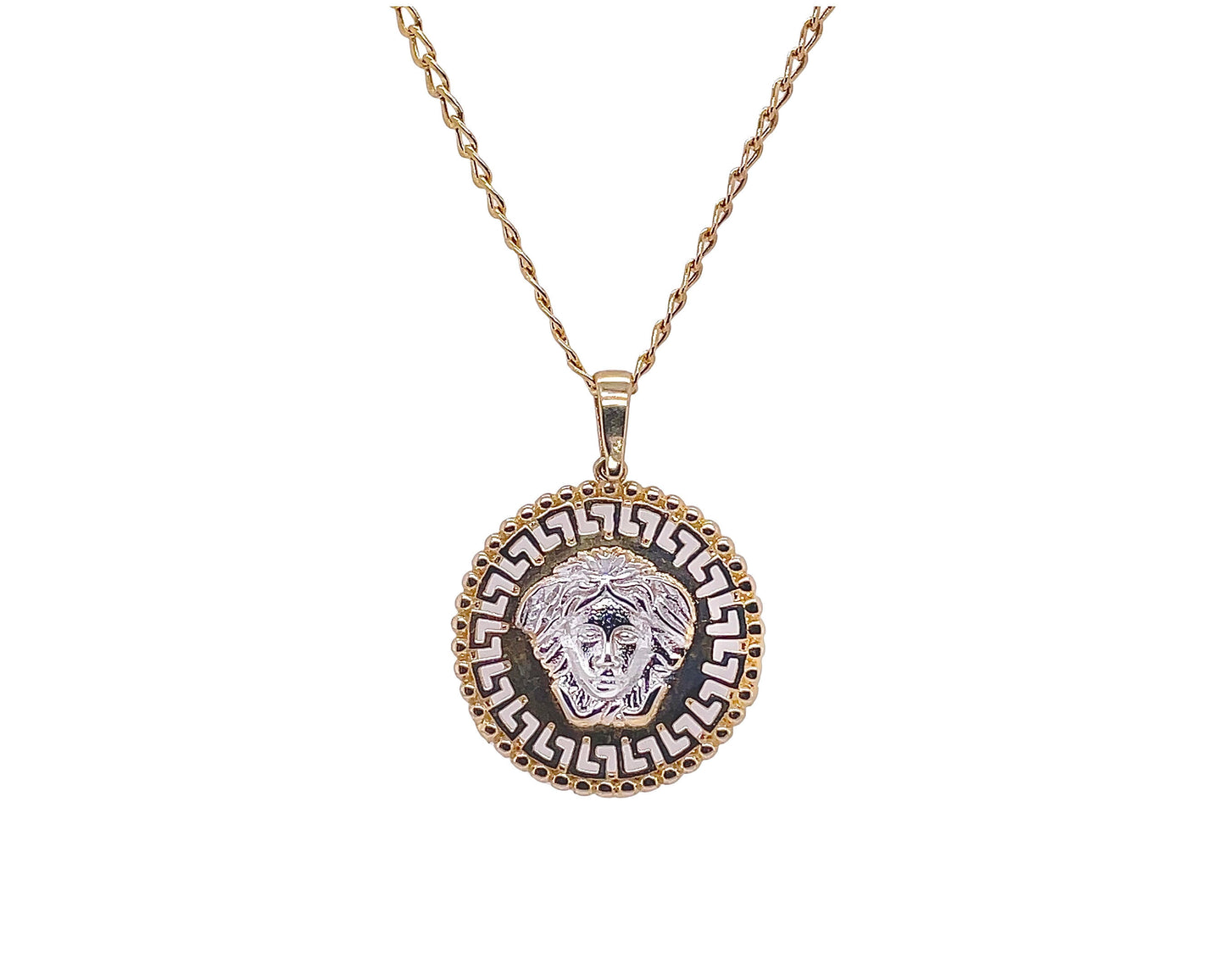 10K Yellow Gold Circle Versace-style Pendant With Chain