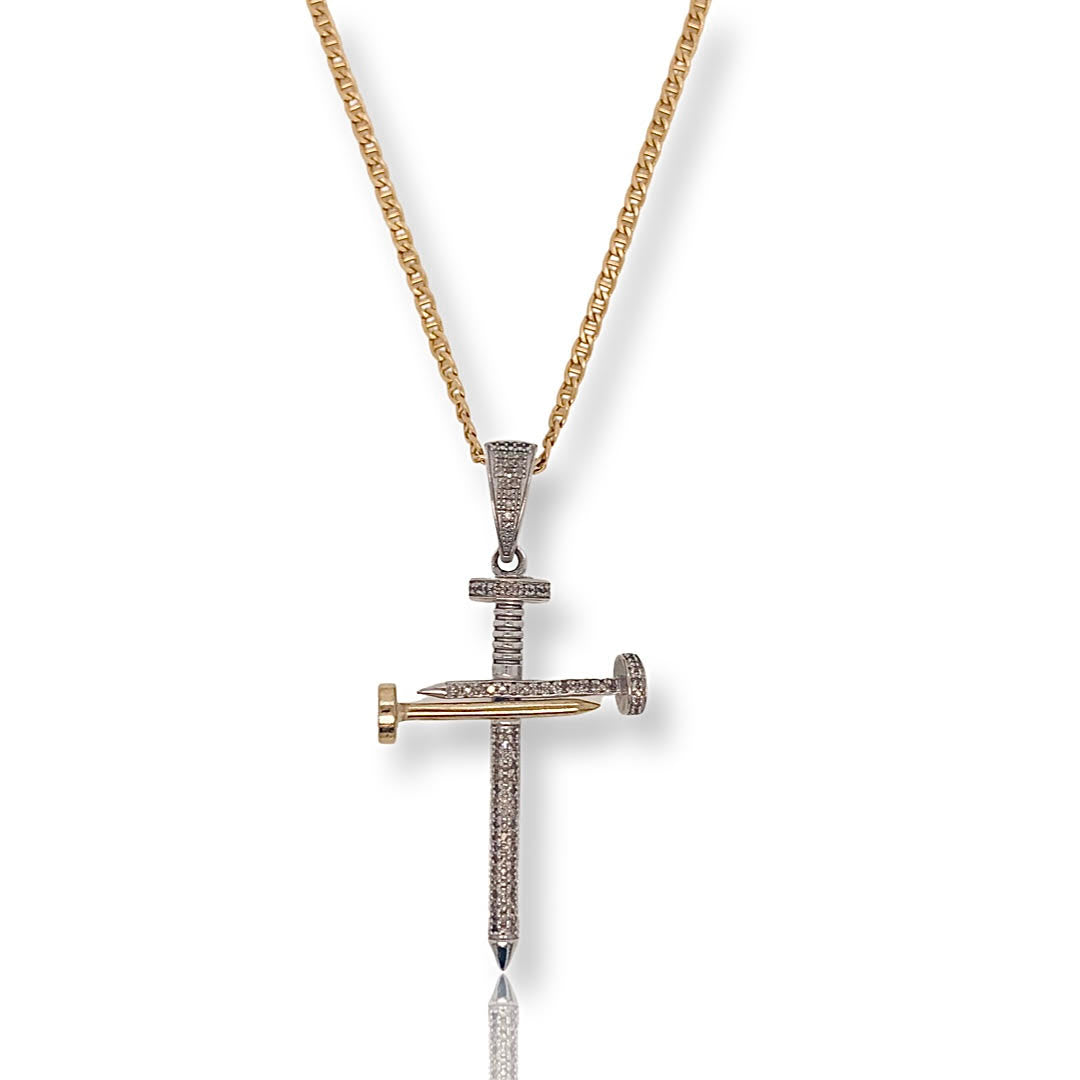 Diamond Nail Cross Pendant With Mariner Chain